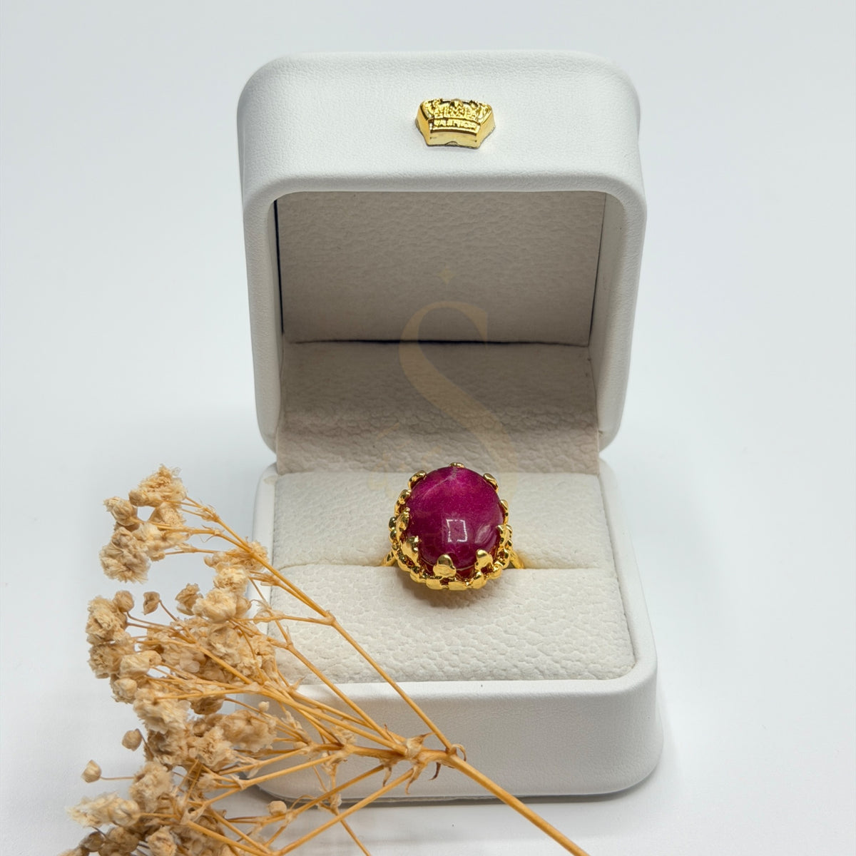 Handmade Natural Pink Agate ring presented in a white Sakinah luxury box