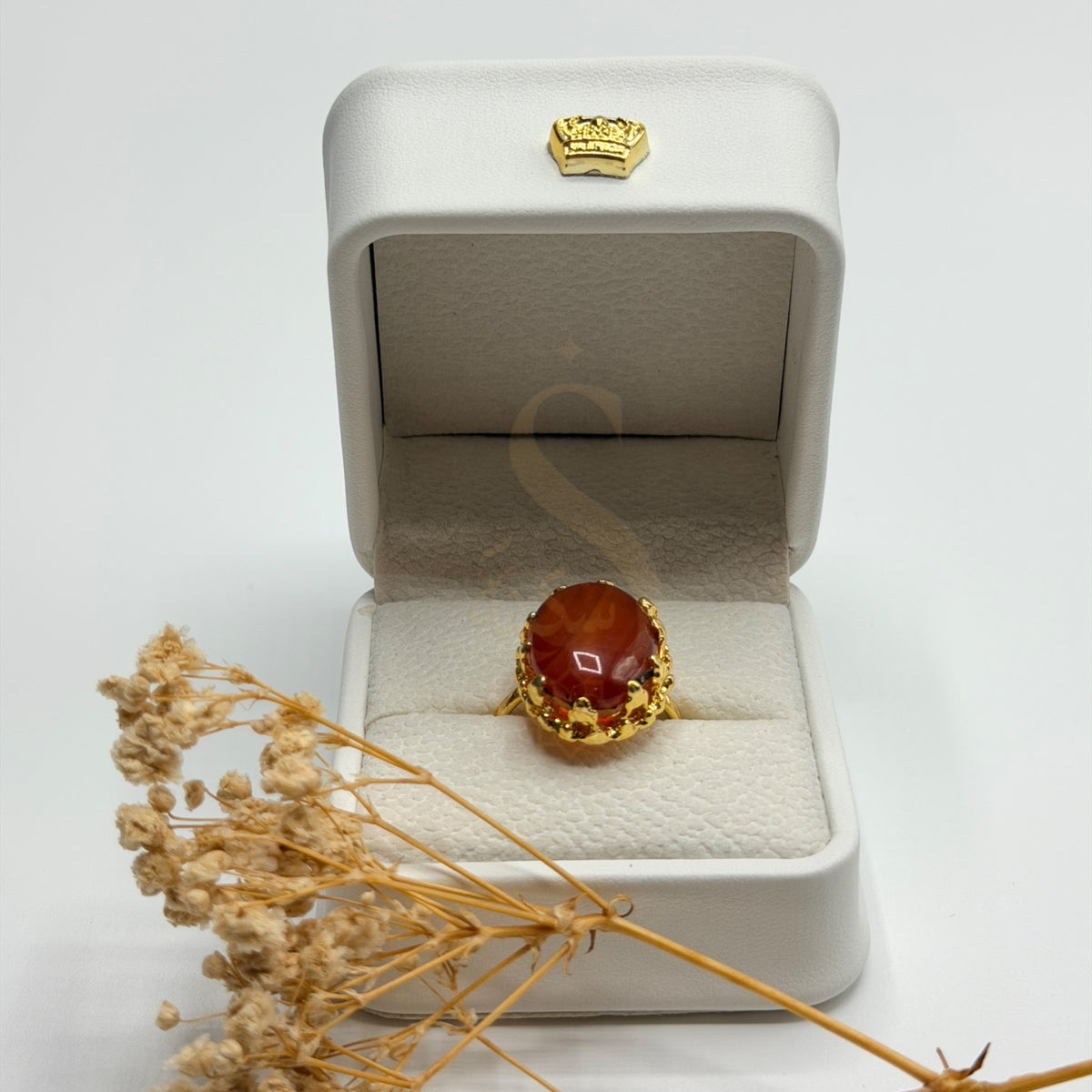 Handmade Orange Agate natural stone ring presented in a white Sakinah luxury box