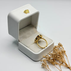 Rear view of the Tiger Eye ring showing its adjustable gold plated band