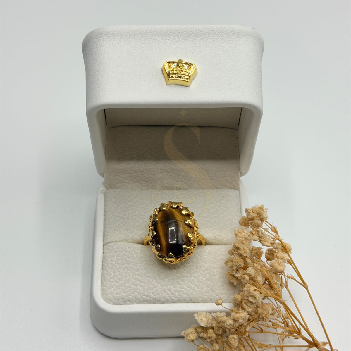 Handmade Tiger Eye natural stone ring presented in a white Sakinah luxury box