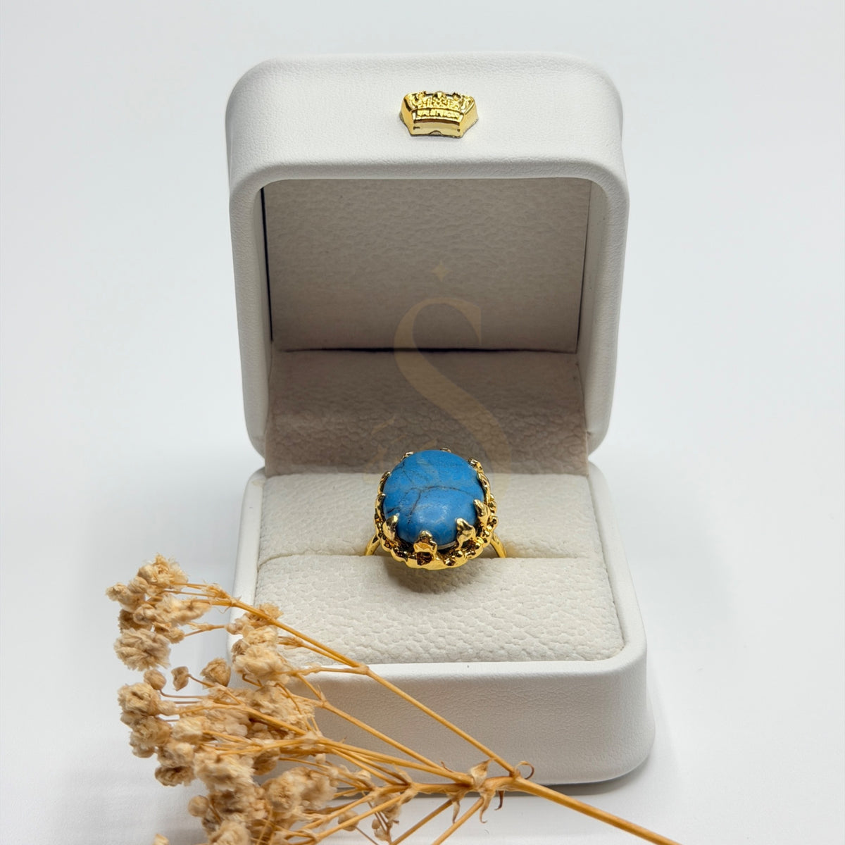Handmade Turquoise Feroza natural stone ring presented in a white Sakinah luxury box
