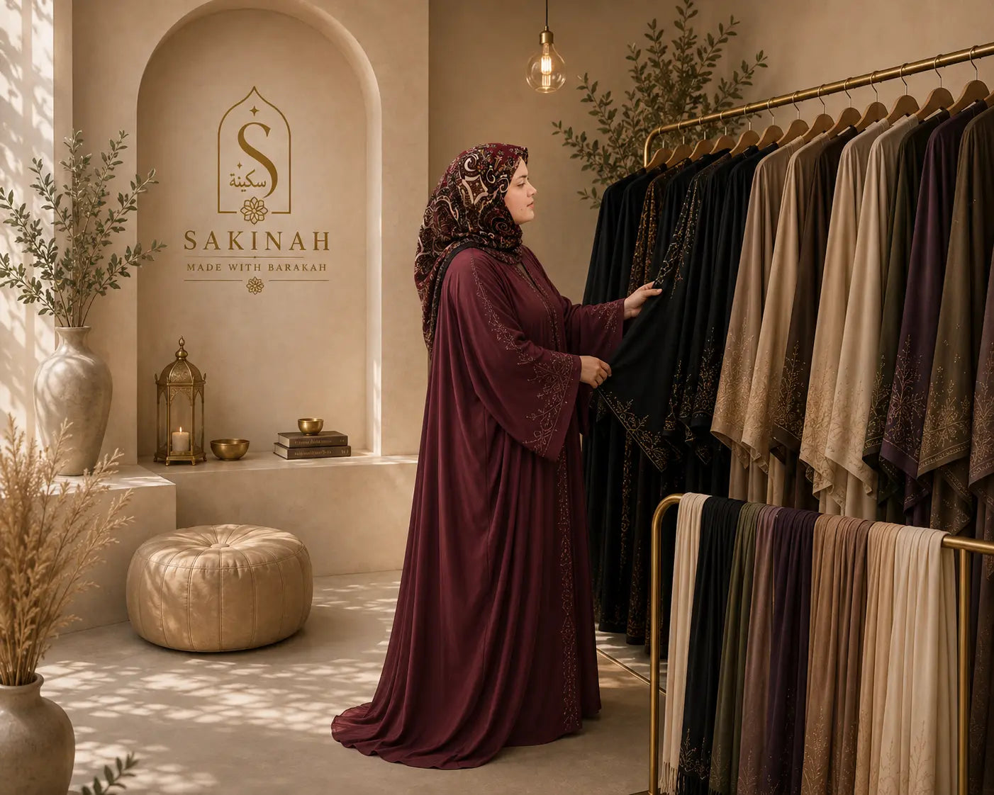 The Sakinah modest clothing collection in a warm, elegant setting