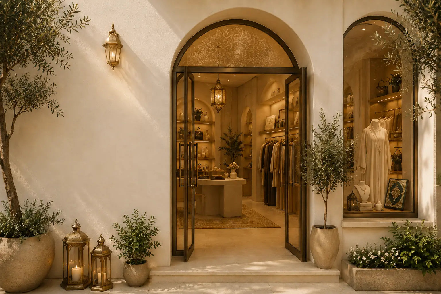 An elegant arched storefront with warm lighting, lanterns and greenery