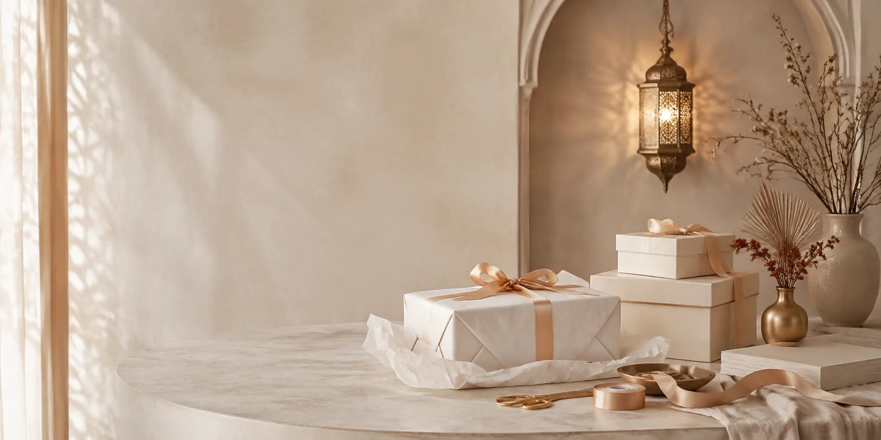 Cream gift boxes and a carefully wrapped parcel with champagne gold ribbon