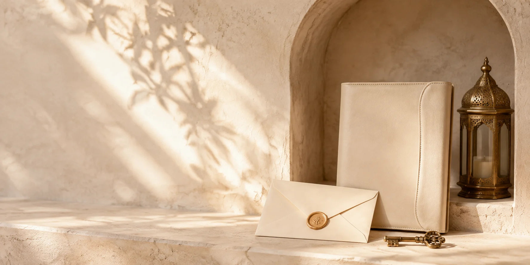 An ivory envelope, cream folio and antique brass key arranged within a softly lit arch