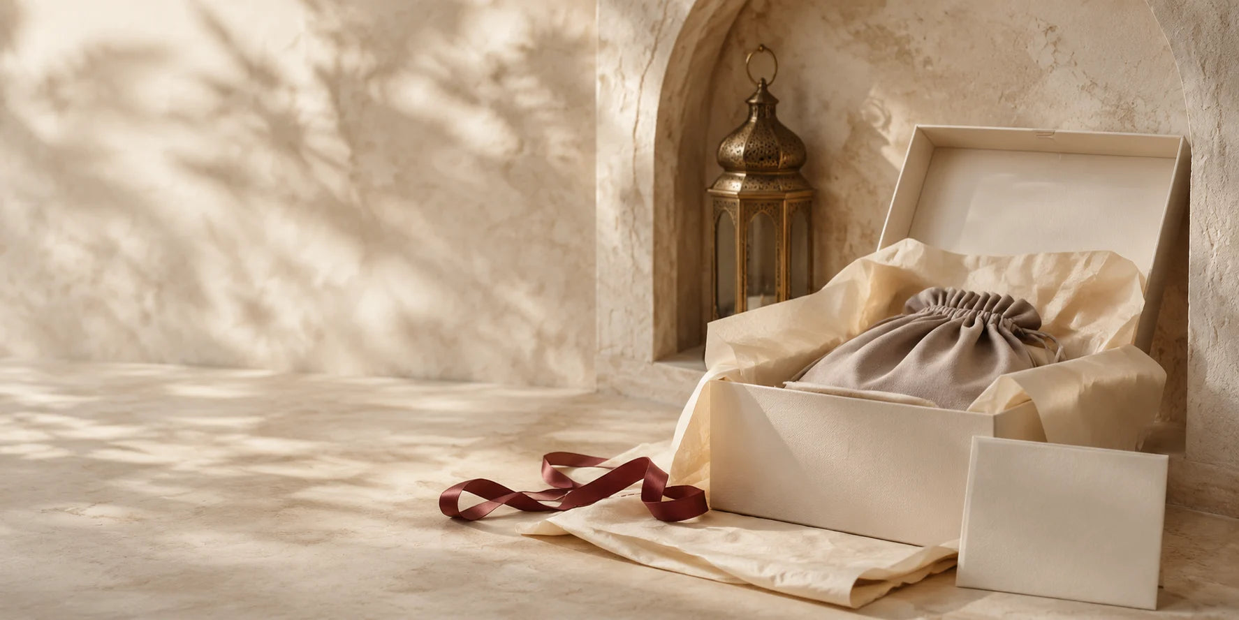 An elegant cream gift box being carefully prepared for return